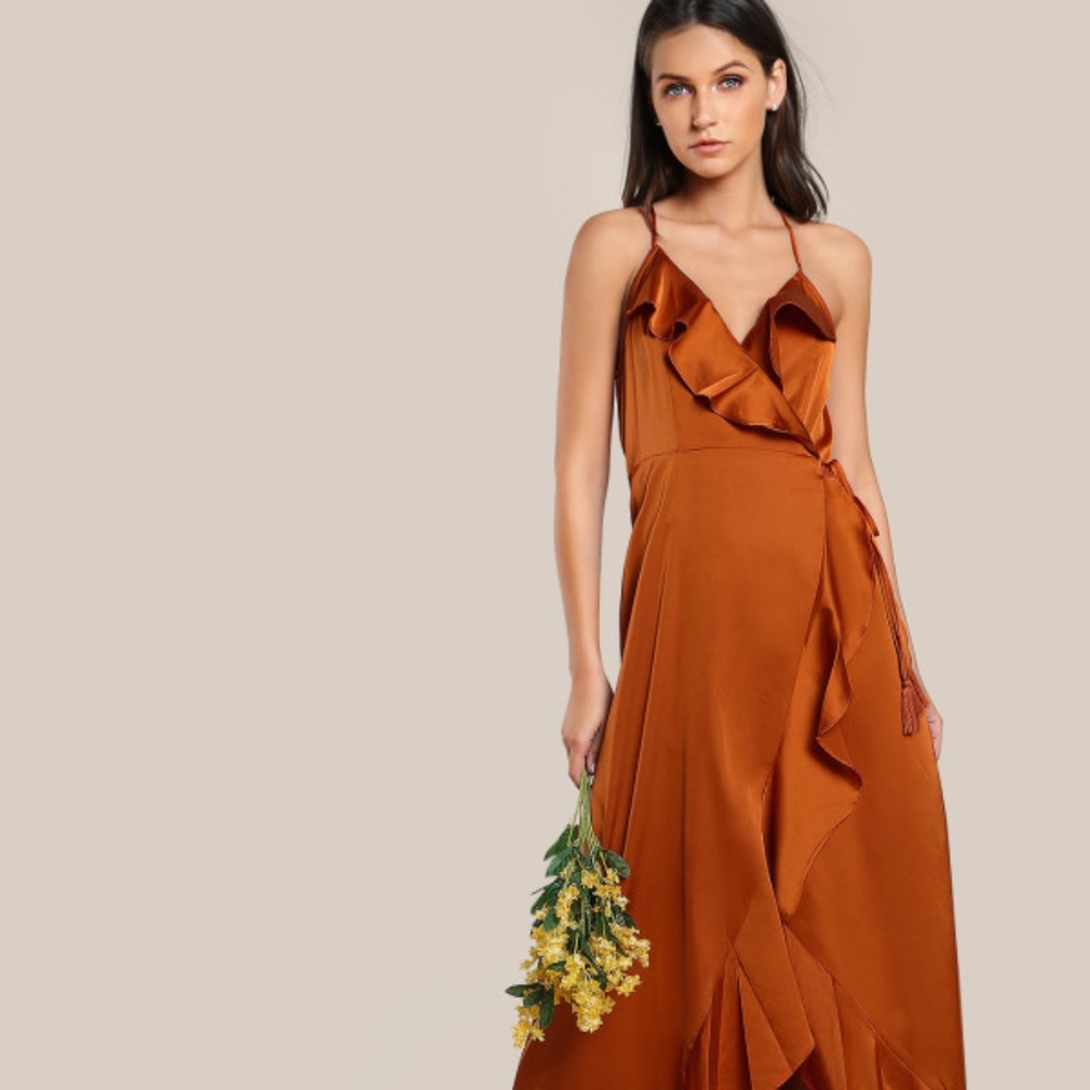 satin rustic orange ruffle maxi dress